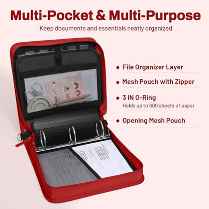 SUNEE Zipper Binder 3 Ring, 3 Inch O-Ring with Handle and Shoulder Strap, 600-Sheet Capacity, 5-Tab Expanding File Folder, Multi-Pockets for Middle School Organizer Binder with Zipper, Bright Red - color: Bright Red