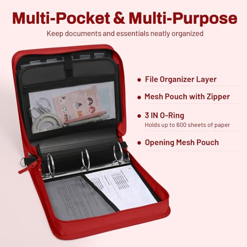 SUNEE Zipper Binder 3 Ring, 3 Inch O-Ring with Handle and Shoulder Strap, 600-Sheet Capacity, 5-Tab Expanding File Folder, Multi-Pockets for Middle School Organizer Binder with Zipper, Bright Red - color: Bright Red