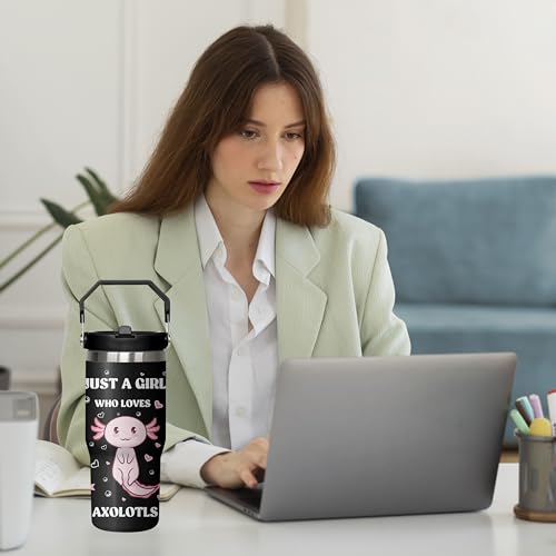 Queen Hero 30 oz Axolotls Tumbler with Handle, Large Insulated Tumbler with Flip & Straw Coffee Mug Cup Stainless Steel Gifts for Women Men Youth - color: Axolotls