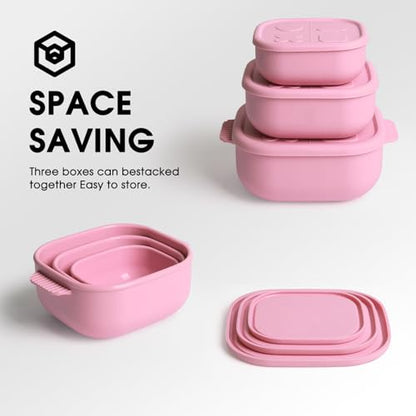 Silicone Bento Box ｜Food Grade & Leakproof Lunch Box Bento with Lids ｜3-Piece Space-Saving Nesting Kit Food Storage Containers Set (Pink) - color: Pink