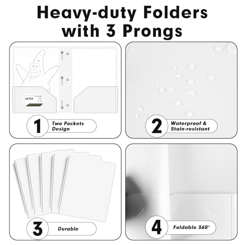 Plastic 2 Pocket Folders with Prongs, 30 Pack, Heavyweight, Letter Size Poly Folders with 3 Metal Prongs Fastener Clips (White) - color: White