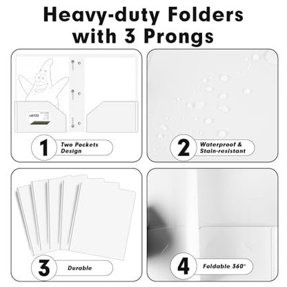 Plastic 2 Pocket Folders with Prongs, 30 Pack, Heavyweight, Letter Size Poly Folders with 3 Metal Prongs Fastener Clips (White) - color: White