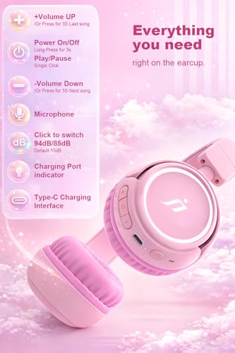 B2 Kids Bluetooth Headphones, 85/94dB Safe Volume Limited, 80H Playtime,Bluetooth 5.2, USB C, Kids Headphones Wireless for Travel Pad Tablet (Light Pink) - color: Light Pink