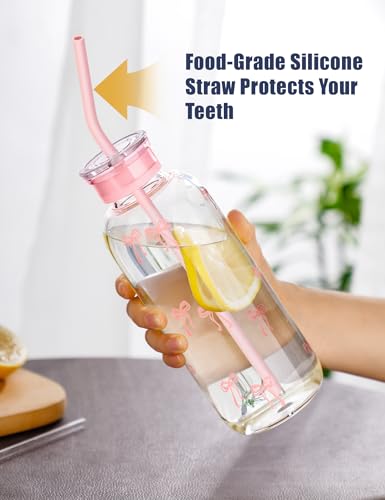 NiHome 25oz/750ml Pink Bow Glass Water Bottle with Silicone Straw, 2 Lids, Cleaning Brush, Borosilicate Glass for Hot and Cold Drinks, Leak-Proof Reusable Bottle for Travel, Gym, Office, School, Home - color: Pink