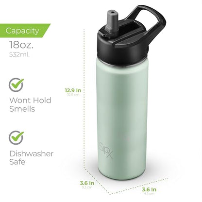SipX™ 18 oz Insulated Water Bottle with 3 Lids – Leakproof Stainless Steel, Triple Insulated – Cold 24 Hours/Hot 12 Hours – Durable Bottle for School, Gym, Travel – Green - color: Green, size: 18 Ounces