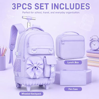 HPJGD 3PCS Rolling Backpack for Girls, Purple Bow Roller School Backpacks with Wheels, Water-Resistant Wheeled Bookbag Set - color: Purple Bowknot Rolling Backpack Set