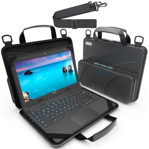 UZBL 11-11.6 Inch Always-on Chromebook Protective Hard Case with Accessory Pouch and Adjustable Shoulder Strap - color: Black PU