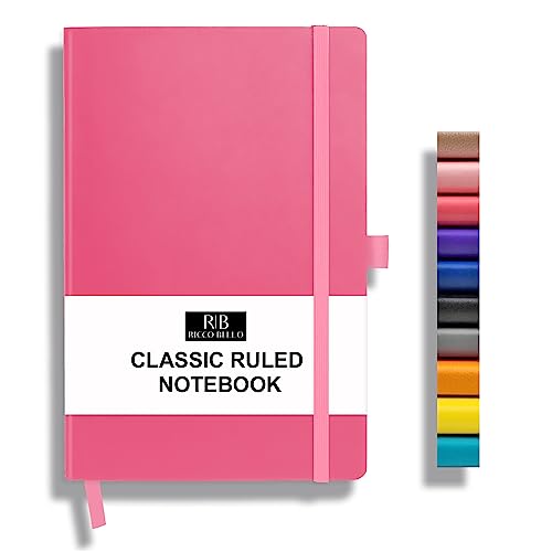 RICCO BELLO Lined Journal Notebook, Pink, 5.7 x 8.4-Inches | Faux Leather Hardcover, Pen Holder, College Ruled, 96 Sheets / 192 Pages, For Work & Notes - color: Pink
