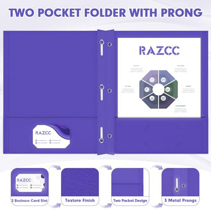 Two Pocket Folders, RAZCC 75 Pack Two Pocket Folders with Prongs, 3 Prong Folders Fit Letter Size Paper, Pocket File Folders for School Office Home Business, Purple - color: Purple