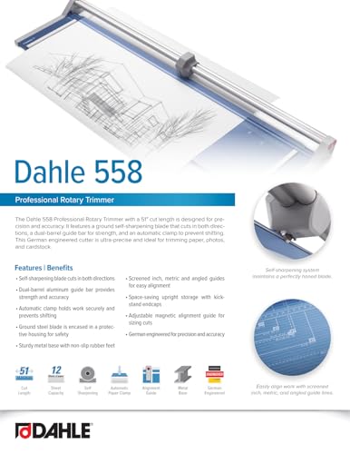 Dahle 558 Professional Rotary Trimmer, 51" Cut Length, 12 Sheet Capacity, Self-Sharpening, Dual Guide Bar, Automatic Clamp, German Engineered Paper Cutter - size: 51" Cut Length