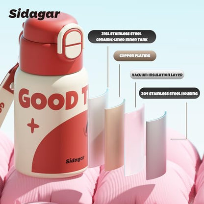 SDGA+ Kids Insulated Water Bottle with Shoulder Strap - 22 oz Kawaii Stainless Steel Tumbler with 3D Fuzzy Charm, Leak-Proof Flip Top & Vacuum Flask for School, Travel, BPA Free, Red - color: Red