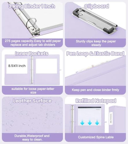 3 Ring Binder with Clipboard,1 Inch Binders with Notepad&5 Dividers with Pockets, Labels,PU Clipboards for School Office(Purple,Letter Size) - color: Purple, size: Letter Size - 1 Inch