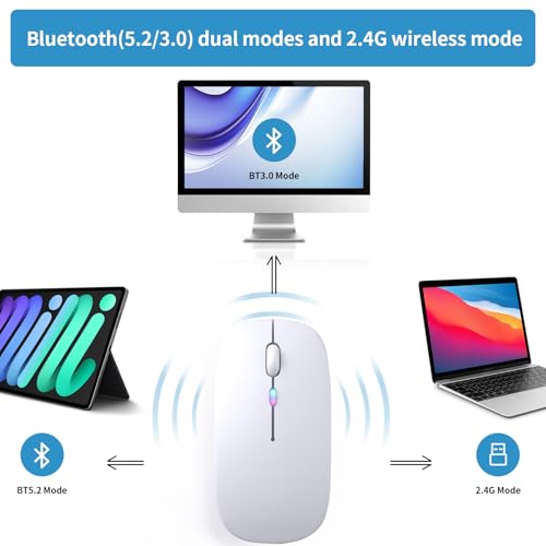 Wireless Bluetooth Mouse, Rechargeable, LED, Silent, Ultra-thin Design (Bluetooth 5.2 and 2.4GHz USB Receiver) | Portable Computer Mouse for Laptops, iPads, MacBooks and Apple Devices (white) - color: white