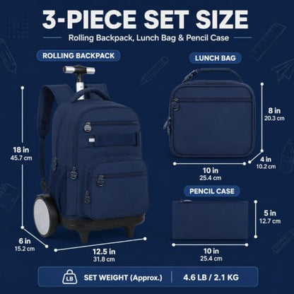 3Pcs Large Rolling Backpack for Teen Boys Men, 20 Inch Detachable Wheeled Bookbag with Lunch Box, Durable Oxford Cloth Roller Backpack for College School Travel (Blue) - color: Large Wheels Classic Blue