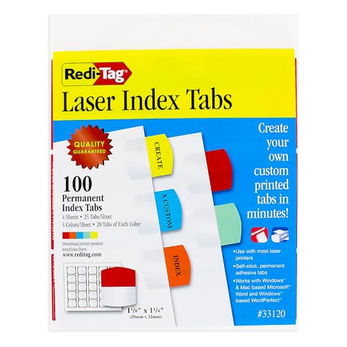 Redi-Tag Laser Index Tabs, Divider Tabs, Permanent Adhesive Indexes, Customizable Divider Labels, 1-1/8" x 1-1/4", Assorted Colors, 100 Tabs (B33120) - size: 100 labels