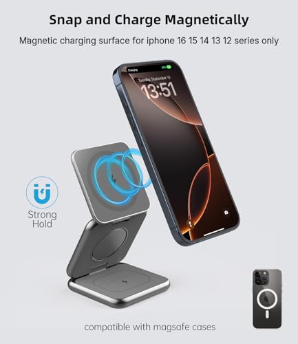 Foldable Magnetic Wireless Charger, KU XIU X40 Aluminum Alloy 3 in 1 Charging Station for Apple, Fast Magnetic Charger Stand for iPhone 17 16 15 14 13 12 Series, 5W for iWatch, AirPods 3/2/Pro, Gray - color: Gray