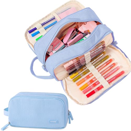 3 Compartment Pencil Case, Extra Large Capacity School Supplies Pencil bag with Easy Handle, Soft Corduroy Pencil Pouch, Aesthetic Supply Pen Case Bag Organizer For Teen Girls College (Blue) - color: Blue