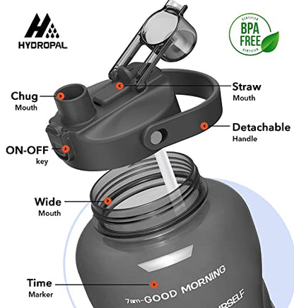 HydroPal 1 Gallon Water Bottles with Straw, 128 oz Water Bottle BPA Free Innovative 2-IN-1 Lid Gym Bottle with Times to Drink Motivational, Large for Sports Fitness Camping Water Jug （13.8X5.5 inch） - color: Graphite