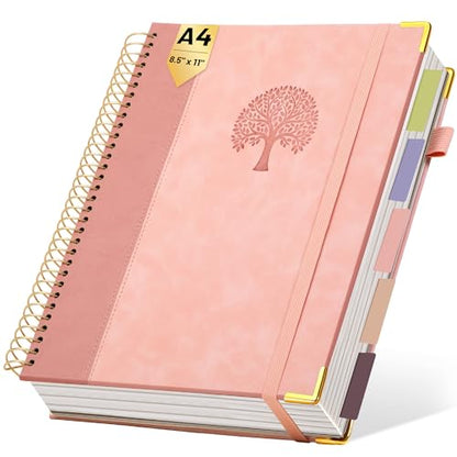 Yoment Hardcover Spiral Notebook 8.5" x 11" Pink 5 Subject Notebook College Ruled with Dividers Tabs 300 Pages Large Leather Spiral Journal Notebooks for Work School Note-Taking Business - color: Pink