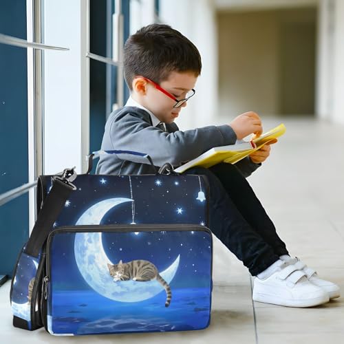 Cat Wind Chimes Moon 3 Ring Zipper Binder Bag Binder Organizer with Handle Shoulder Strap for School Work Office Supplies - color: Cat Wind Chimes Moon