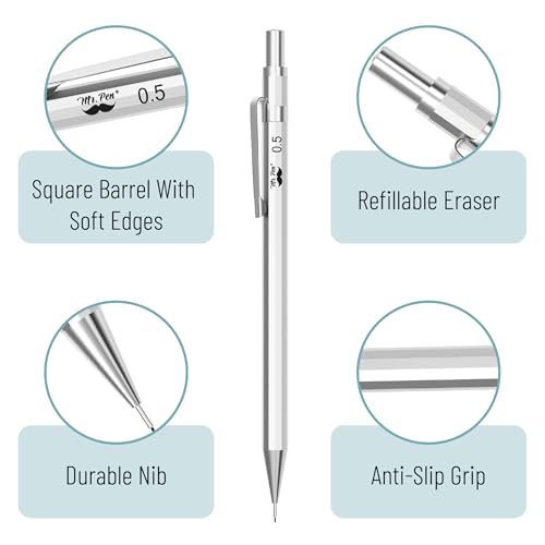Mr. Pen- Metal Mechanical Pencil Set with Lead Refills & Erasers, 6 Pack | 5 Sizes, 0.3, 0.5, 0.7, 0.9 & 2mm, 8x Tubes Lead Refills & 2x Erasers for School Supplies, Note Taking, Fathers Day Gift
