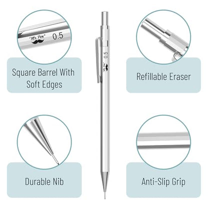 Mr. Pen- Metal Mechanical Pencil Set with Lead Refills & Erasers, 6 Pack | 5 Sizes, 0.3, 0.5, 0.7, 0.9 & 2mm, 8x Tubes Lead Refills & 2x Erasers for School Supplies, Note Taking, Fathers Day Gift