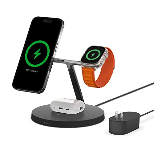 Belkin MagSafe Charger, 3-in-1 Wireless Charging Stand, 2ND GEN, 33% Faster for Apple Watch, iPhone 16, iPhone 15, iPhone 14 Series, AirPods - MagSafe Charging Station for Multiple Devices - Black - color: Black, style: Chrome Finish
