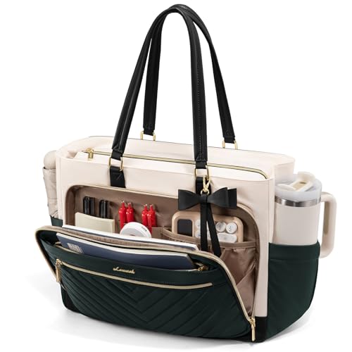 LOVEVOOK Lunch Bag, Insulated Lunch Tote Bag with Laptop Compartment, Large Capacity Work Tote, Water Reasistant Handbag Insulated Bag Leakproof for Teacher, Nurse, Dark Green-Beige-Black, 17.3 Inch - color: Dark Green-beige-black, size: 17.3 Inch With Lu