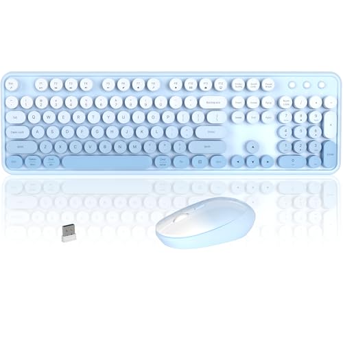 Colorful Wireless Keyboard and Mouse Combo, COVEVA 2.4GHz Wireless Retro Cute Round Keycaps Keyboard, 104 Keys Full-Sized Keyboard Mouse Set with Switch Button for PC Laptop Desktop (Blue Gradient) - color: Blue Gradient