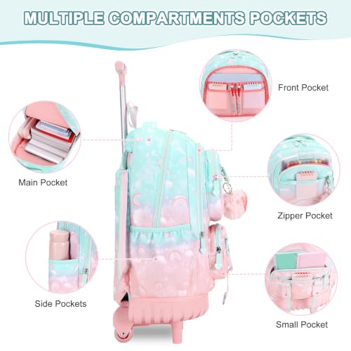 Scothen Rolling Backpack for Girls, 3PCS Roller School Backpacks for Girls with Lunch Bag and Pencil Pouch, Kids Bookbag Schoolbag with Wheels for Teen Girl Kindergarten Elementary Middle School - color: Green Pink
