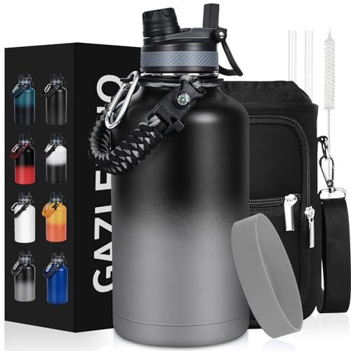 GAZLEMHO Insulated Water Bottle 64 oz, Half Gallon Water Jug Cold 48H, BPA Free Stainless Steel Bottles with Straw/Chug 2-in-1 Lid, Bag, Paracord Handle, Silicone Boot, Sports Gym School Metal Flask - color: Dark Gray, size: 64 Ounces