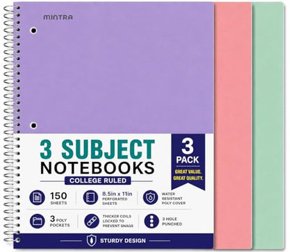 Mintra Office Durable Spiral Notebooks, 3 Subject (Lavender, Sage Green, Salmon, College Ruled 3pk) - color: Lavender, Sage Green, Salmon, size: College Ruled 3pk