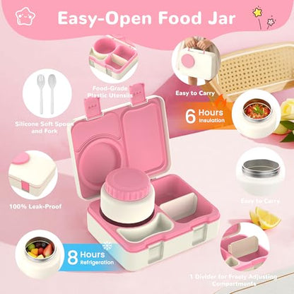 Bento Box for Kids, Leakproof Kids Bento Lunch Box Container with 8oz Insulated Thermo Food Jar, Sauce Jar, Utensil, DIY Stickers for School Boys Girls, 3-4 Compartments, BPA-Free - color: Beige Pink
