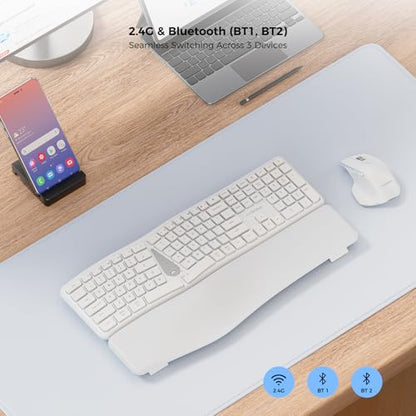 KYSONA Ergonomic Keyboard Mouse Wireless Combo, Full Size Bluetooth Split Keyboard with Wrist Rest, 4 Level DPI Ergo Mouse for Windows Mac OS Computer, White - color: White