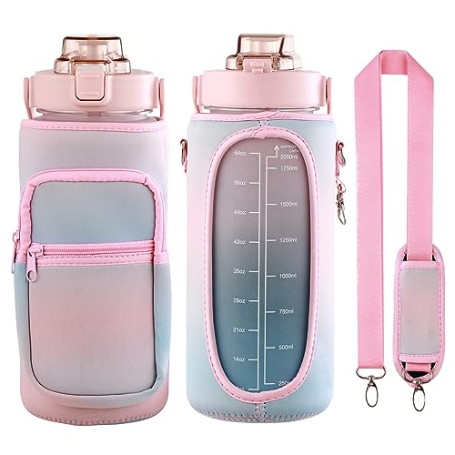 Half Gallon Water Bottle with Sleeve & Strap 64 OZ Motivational Water Bottles with Straw Large Wide Mouth Water Jug with Time Marker for Fitness, Gym and Outdoor Sports, Leak-proof & BPA Free, - color: pink-blue/ pink-blue sleeve
