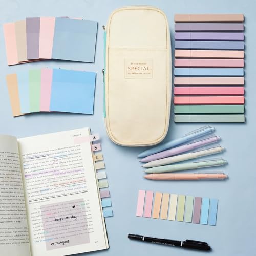 Jutom 39 Pcs Aesthetic Book Annotation Kit Highlighter with Case Bag Gel Pen Transparent Sticky Note Taking Bible Supplies(Mint Green,Cute Style) - color: Green Beige, style: Cute Style