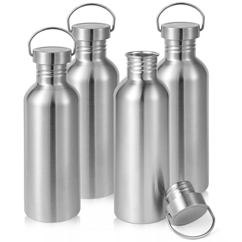 Volhoply 32oz Uninsulated Single Walled Water Bottle 4 Pack, Stainless Steel Reusable Water Bottles with Handle, BPA Free & Plastic Free 18/8 304 Metal Water Bottles for Camping, Hikers, Cyclists - size: 32 Ounces