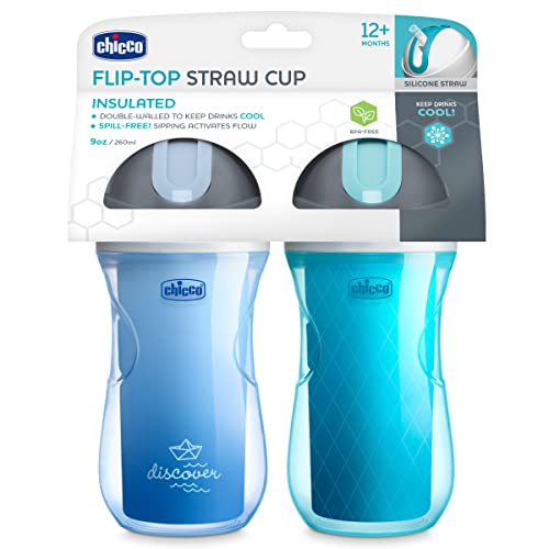 Chicco Insulated Straw Sippy Cup 12+ Months, 9oz Toddler Training Cup with Spill-Free Flip-Top Lid, BPA-Free 2-Pack, Blue Discover/Teal - color: Blue Discover/Teal, size: 9 Ounces