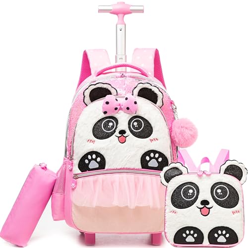 Rolling Backpack for Girls Rolling Backpack for Kids Backpack with Wheels | 3PCS Set Kids Backpacks for Girl with Lunch Box Pencil Case Cute Bowknot Kawaii Backpack for Girl Elementary Student - color: Pink Panda
