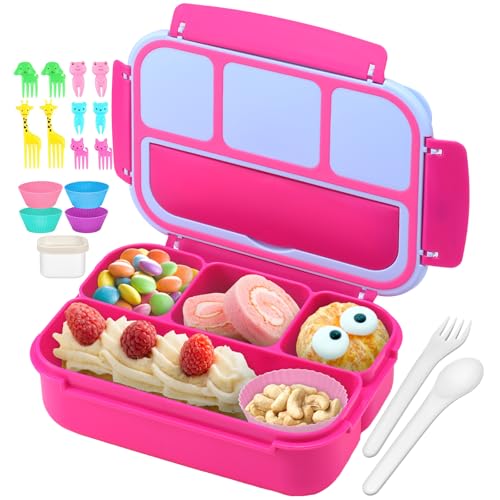 QQKO Bento Box for Kids Adults, School Toddler Lunch Box for Boys Girls, Lunch Box Containers with 4 Compartments, Sauce Container, Utensils, Food Picks and Muffin Cups for School, Pink Blue - color: Pink Blue