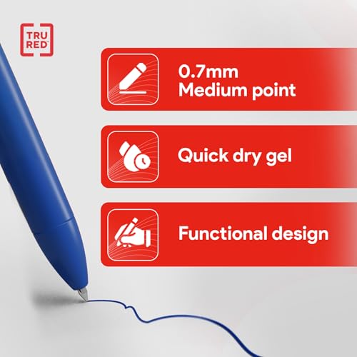 Staples TRU RED Retractable Gel Pens, Medium Point 0.7mm, Blue Ink, 12 Pack - Quick-Dry Pens for Smooth, Smear-Free Writing - color: Blue, size: 12 Pack, style: Medium Point