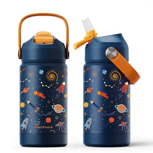 Mommore Kids Insulated Water Bottle with Soft Rubber Handle, 12oz Stainless Steel Thermos with Straw Lid, Leak Proof, Easy to Clean Design, Vacuum Small Canteen for School Boys Girls, Universe-1 Pc - color: Universe