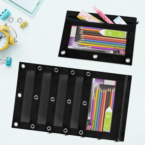 Ochido Pencil Pouch for 3 Ring Binder Bulk, 30 Pack in Black, Sturdy and Durable 3-Hole Binder Cloth Pencil Bag, Zipper Pencil Case with Clear Window for Storing School Office Supplies - color: 30pack Black