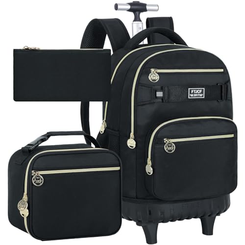 3Pcs Rolling Backpack for Boys Men, 19 Inche Adults Roller Backpacks with Wheels, School Wheeled Bookbag with Lunch Box(Black) - color: Classic Black