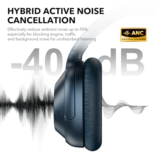 Bluetooth 6.0 Active Noise Cancelling Headphones for Airplane Travel, LDAC Hi-Res Audio, 90H Playtime Wired and Wireless ANC Headphones, Over Ear Headset for Home Office, Custom EQ via APP, Blue - color: Blue