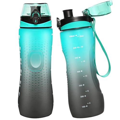 Water Bottle,25 oz Motivational Water Bottle with Time Marker,Sports Water Bottle with Carrying Strap,Leakproof & BPA Free,Reusable,for Teenager, Adult,Outdoors, Cycling, School & Office - color: Green and Grey., size: 25.4 Ounces
