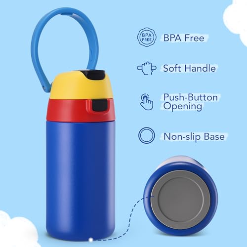 Fijinhom 12 oz Toddler Water Bottle with 2-in-1 Lid, 304 Stainless Steel Insulated Bottle, Kids Water Bottle for School Boys Girls, Leak-Proof Great for Sport, Travel & Gift, Technology Blue - color: Technology Blue