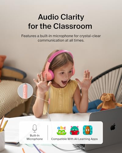 Belkin SoundForm Mini Kids Wired Headphones w/USB C to 3.5mm Dongle, Built-in Mic & Fun Stickers, 85dB Max Volume – for Online Learning, Travel, Compatible w/iPhone 16, iPad, Galaxy S25, etc - Pink - color: Pink, style: Wired (USB-C)