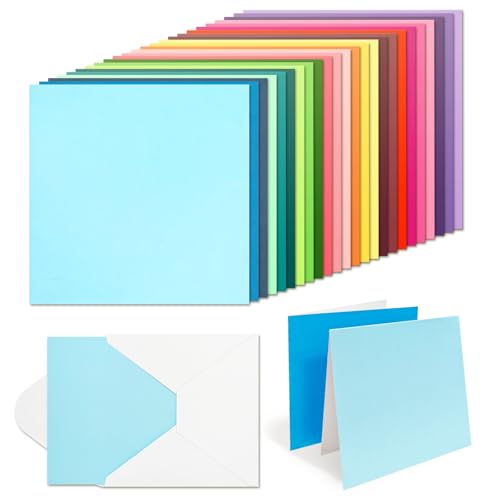 6 x 6 Inch Sqaure Blank Cards with Envelopes 100LB Folded Greeting Cards 24 Assorted Colors 48 Thick Plain Card Stock for Card Making, Photo Cards, Embroidery - size: 6X6 Inch