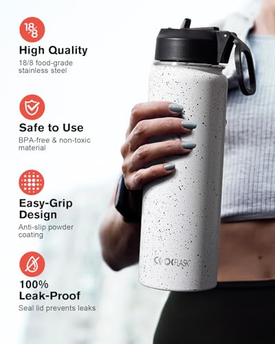 Coolflask 20 oz Insulated Water Bottle with Straw & 3 Leakproof Lids | Water Flask Stainless Steel Triple-Wall Vacuum, Cupholder Friendly, Cold 48+h, Dishwasher Safe, Non-BPA, for Gym & Hiking - color: Arctic White, size: 20 Ounces